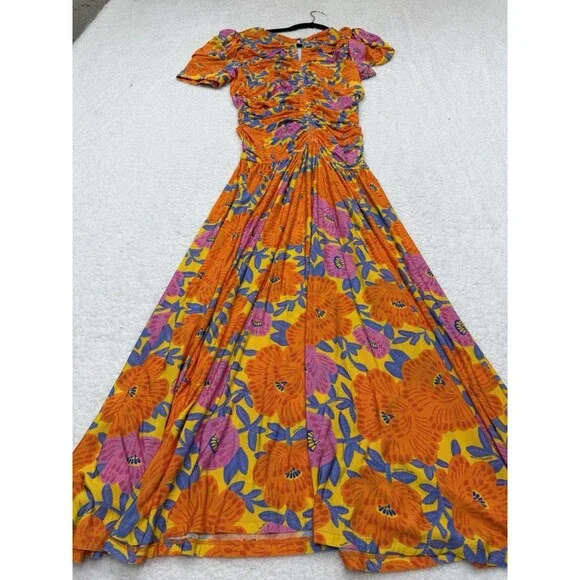 Farm Rio Anthropologie Midi Dress Ruched Orange Floral V Neck Preppy Small NWT